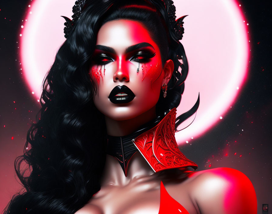 Digital Illustration: Woman with Dramatic Makeup and Red Leather Collar on Crimson Moon Background