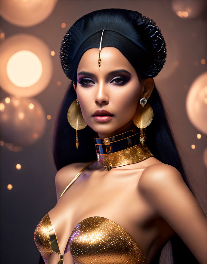 Dark-haired woman with dramatic makeup and gold jewelry posing elegantly against glowing orb backdrop