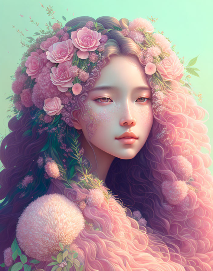 Portrait of a person with pink wavy hair and floral adornments exuding a serene aura