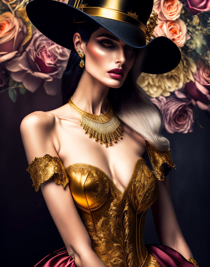 Stylish woman in gold dress and hat among roses