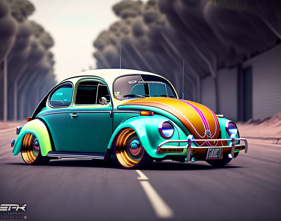 Customized Volkswagen Beetle with lowered suspension on stylized road