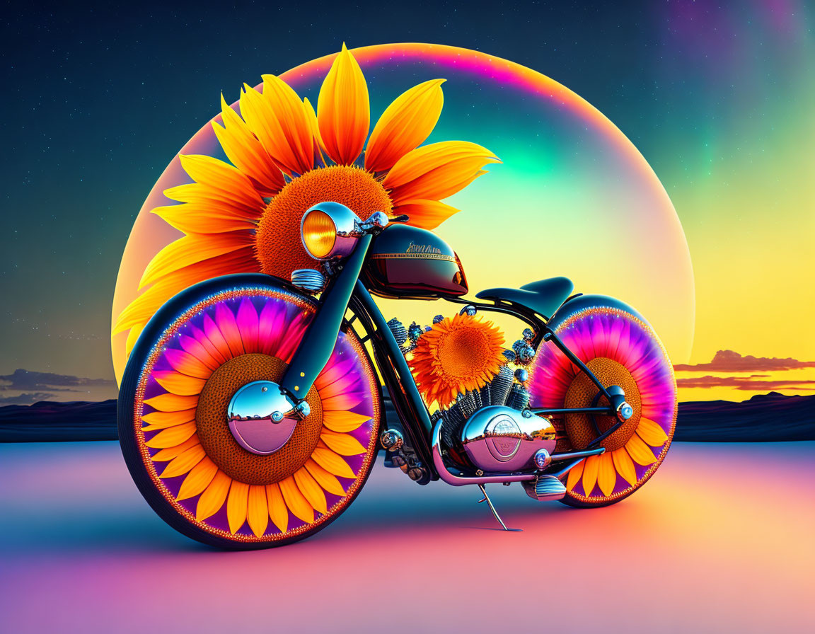 Colorful Artwork: Classic Motorcycle with Sunflower Wheels in Surreal Sunset Scene