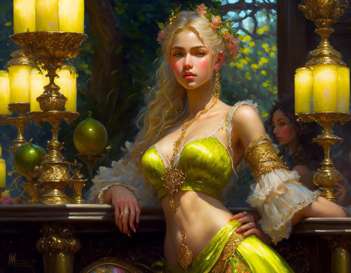 Fantasy artwork: Woman in green outfit with golden jewelry leaning on balustrade