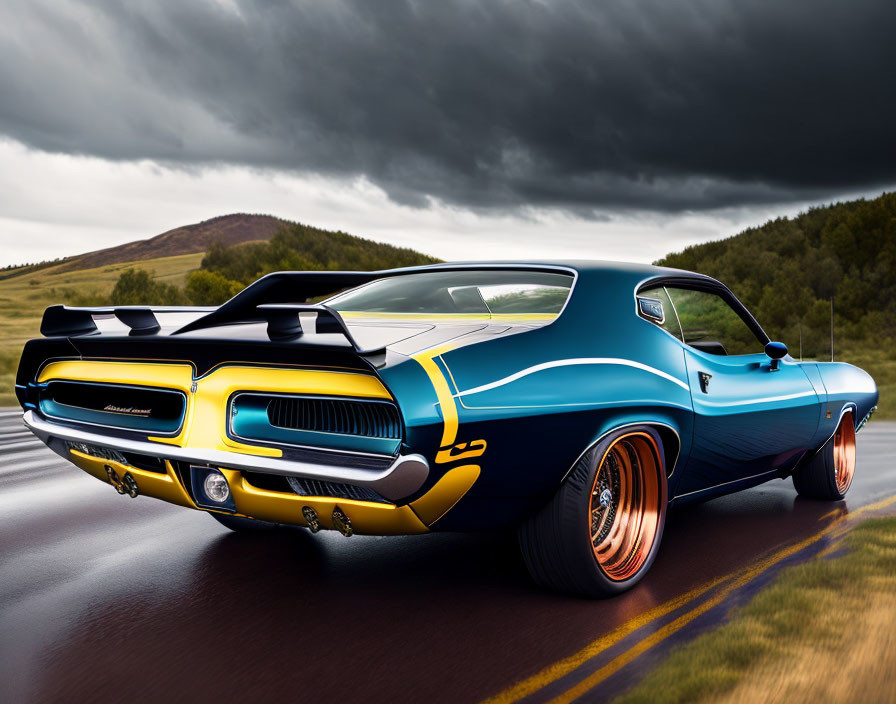 Vintage muscle car with blue and yellow paint, chrome trim, orange wheels, on stormy road.