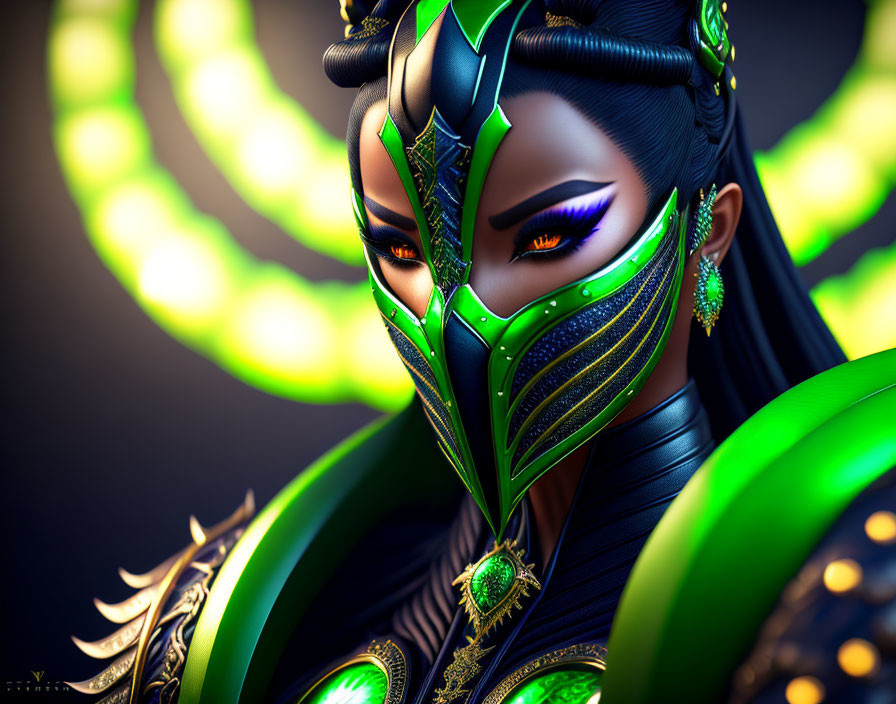 Detailed close-up of character with green and black headgear and vibrant green eyes against glowing rings