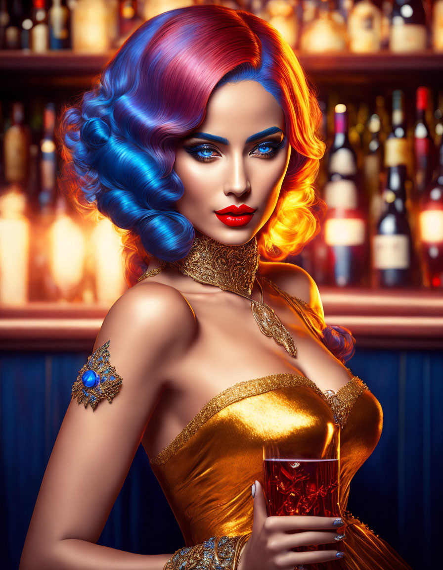 Vibrant blue and red-haired woman in golden dress at bar