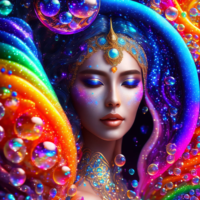 Fantasy illustration: Woman with vibrant blue hair and gold jewelry in colorful, swirling setting.