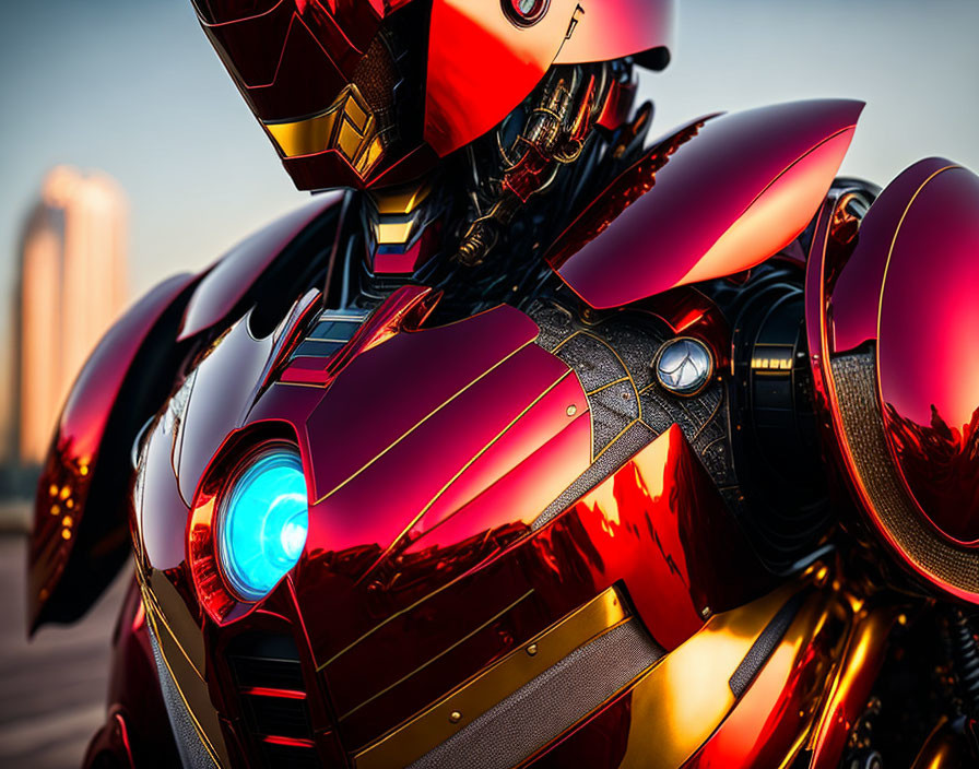 Detailed Close-Up of Red and Gold Robotic Figure with Glowing Blue Reactor