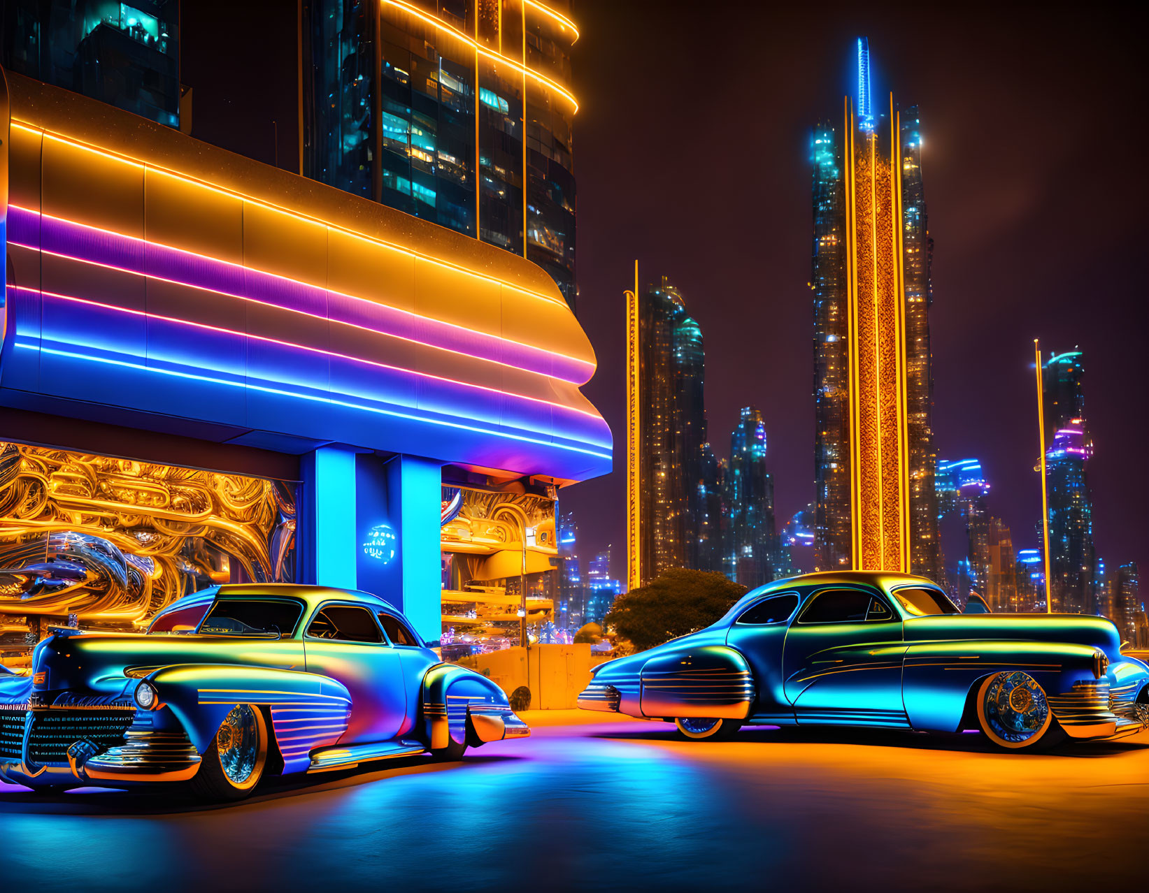 Night scene with classic cars under neon lights and skyscrapers