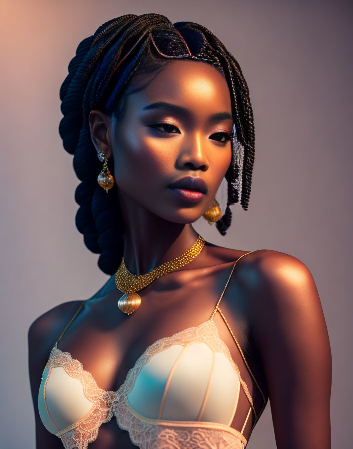 Elegant woman with braided hair and gold jewelry in soft lighting