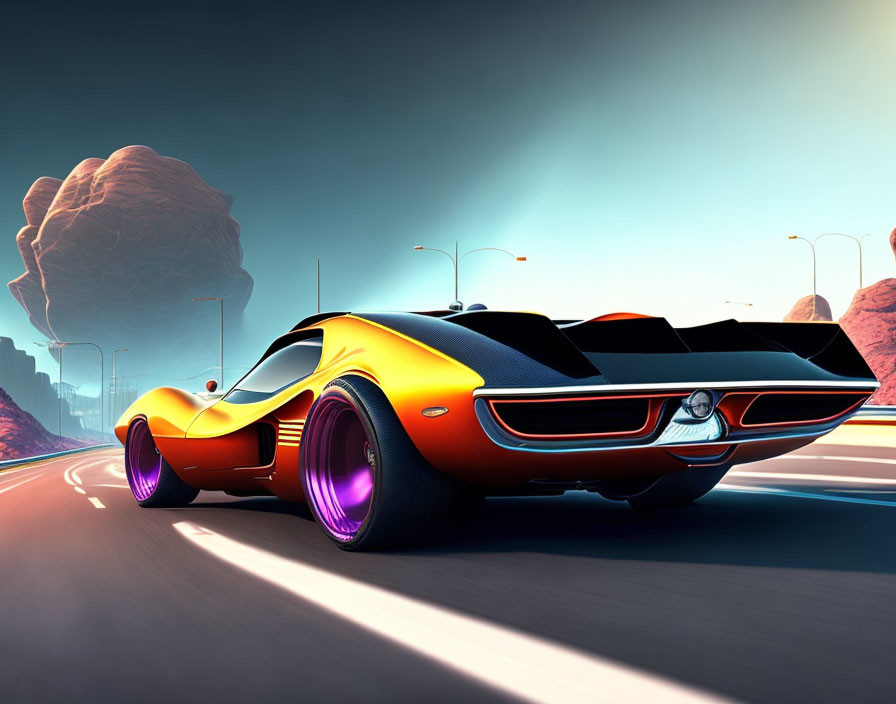 Futuristic orange car with purple underglow lights on road with rock formations & colorful sky