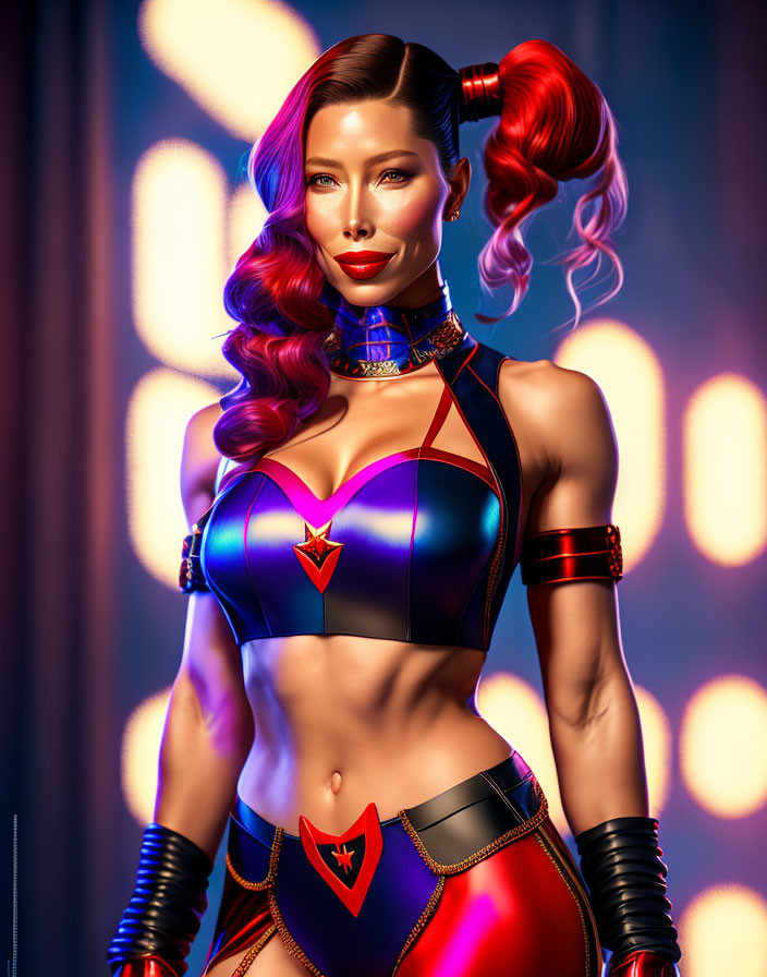 Digital illustration of woman with makeup, red and blue pigtails, futuristic costume.
