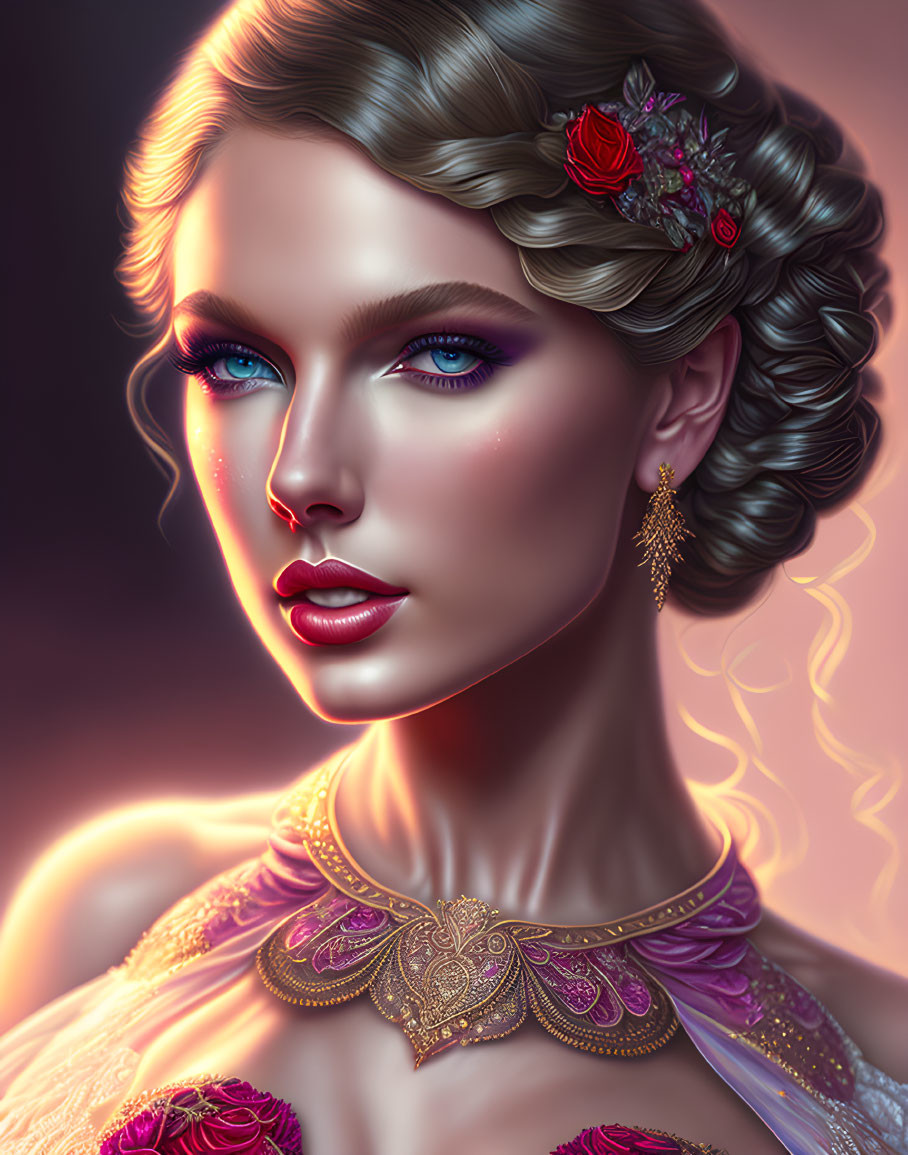 Detailed Digital Portrait of Woman with Braided Hair and Red Rose Accessory