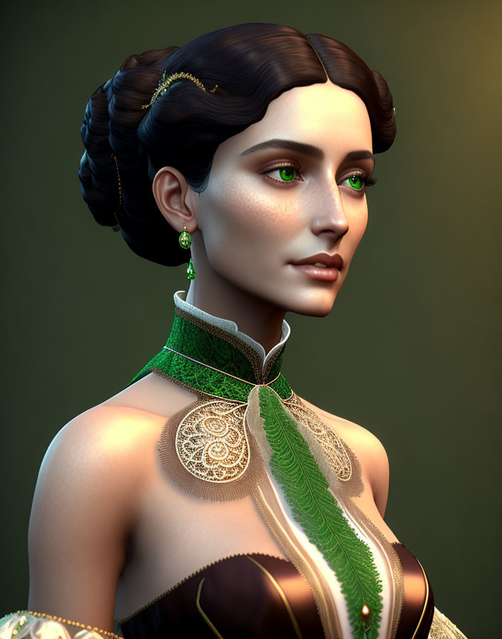 Elegant woman in Victorian dress with updo hairstyle and green eyes