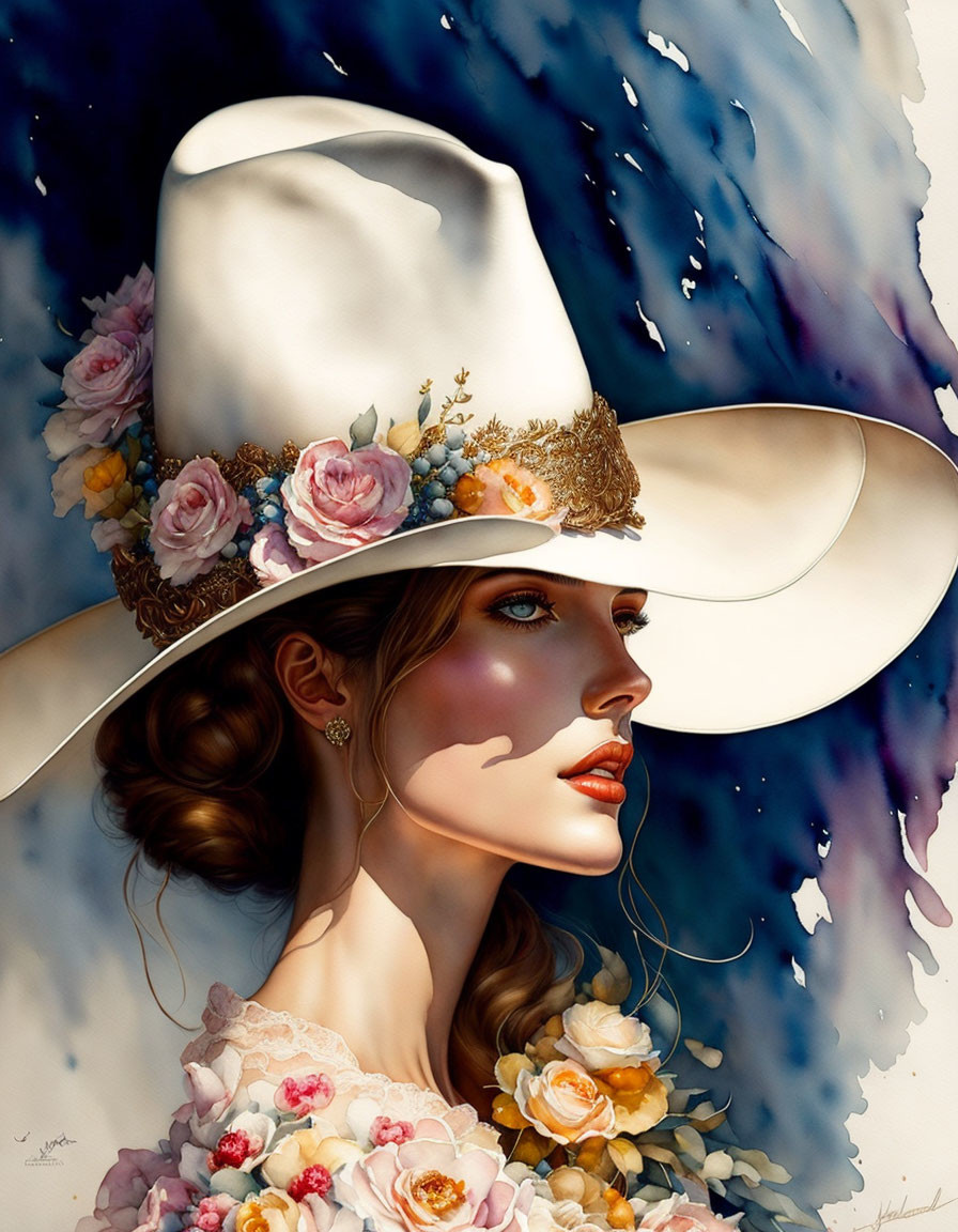 Detailed side-profile illustration of a woman in a white floral hat, pink flowers on dress, with shadows