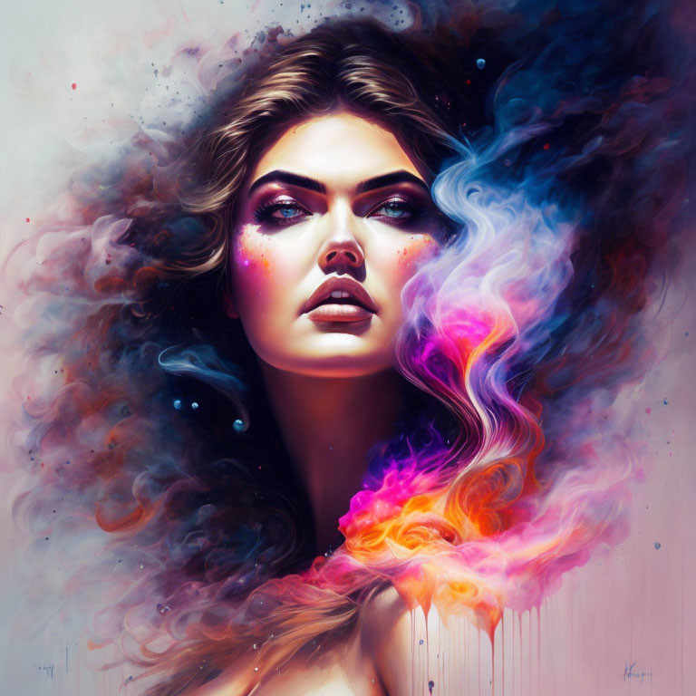 Colorful digital painting of a woman with smoky hair effects blending realism with abstract art