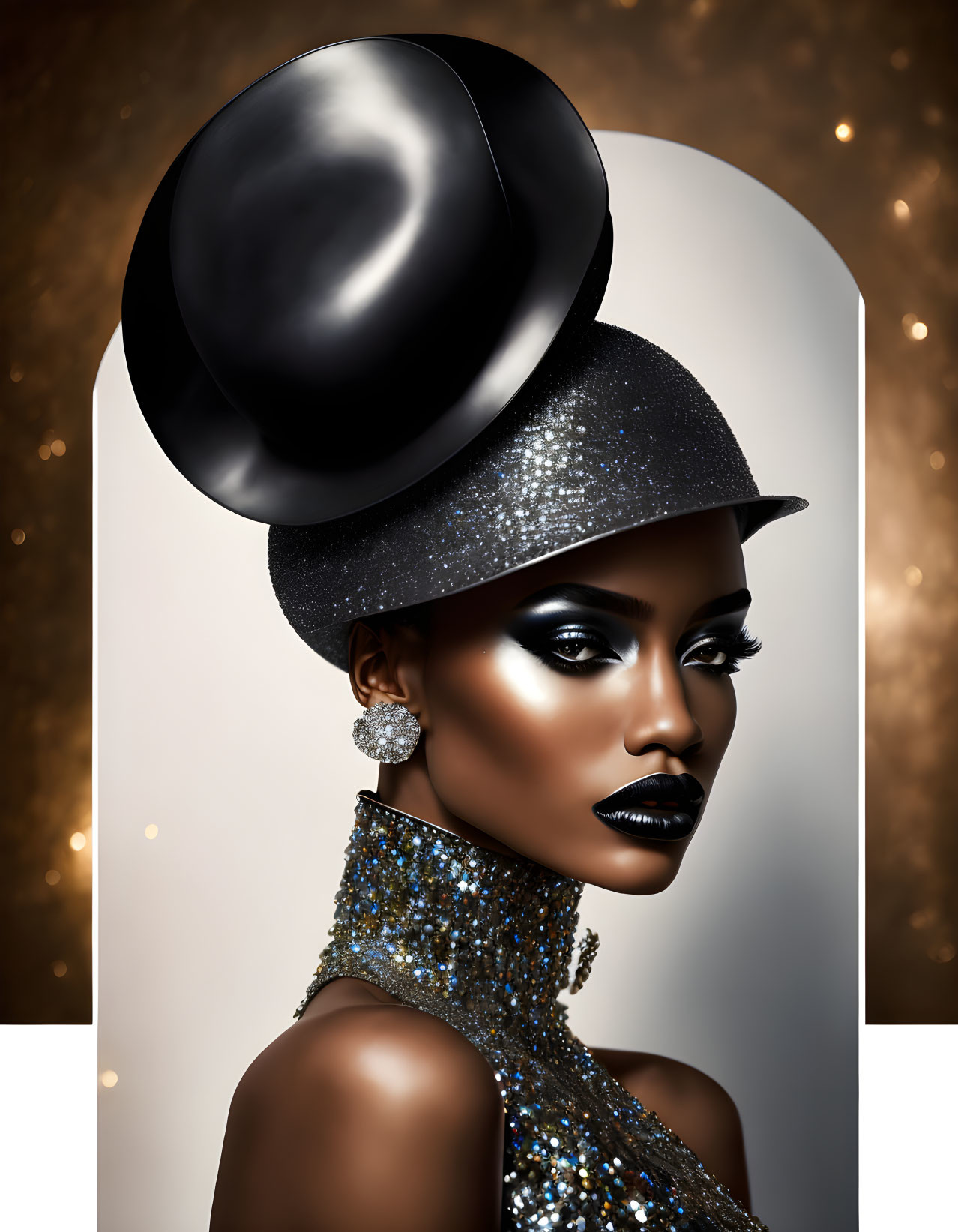 Stylized portrait of a woman in black hat and glittery outfit