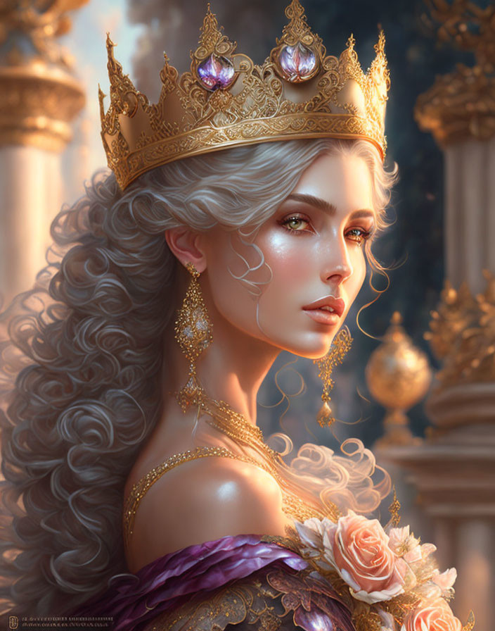 Regal woman with gold crown and jewelry in ornate background