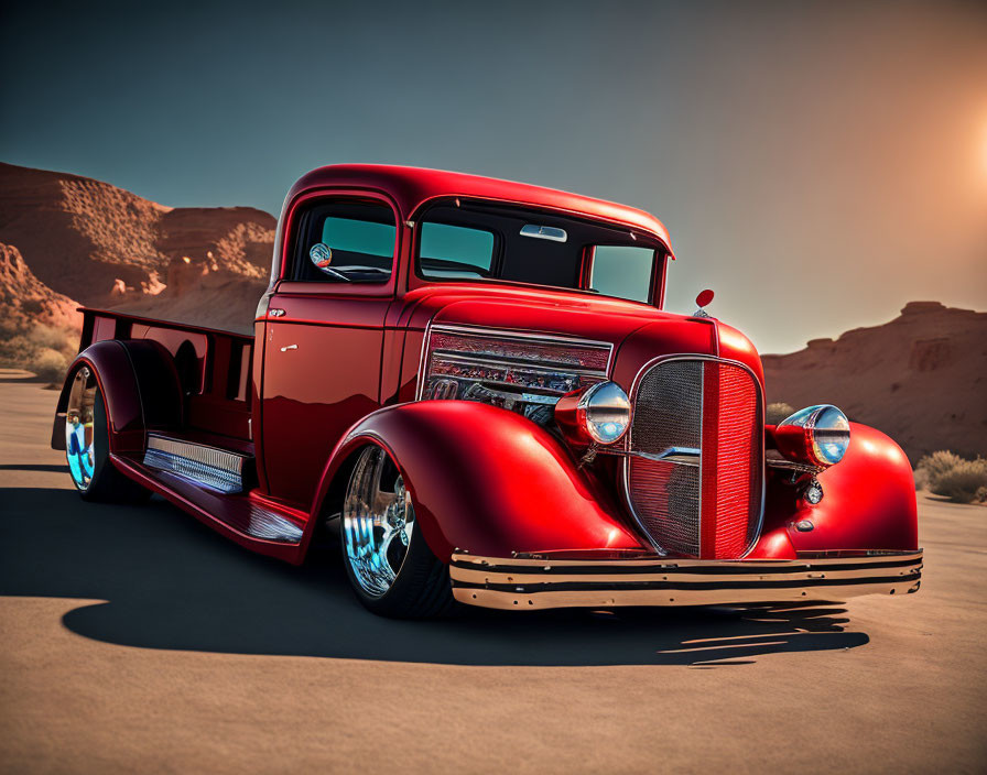 Classic Red Hot Rod with Low Profile and Chrome Detailing on Sandy Terrain