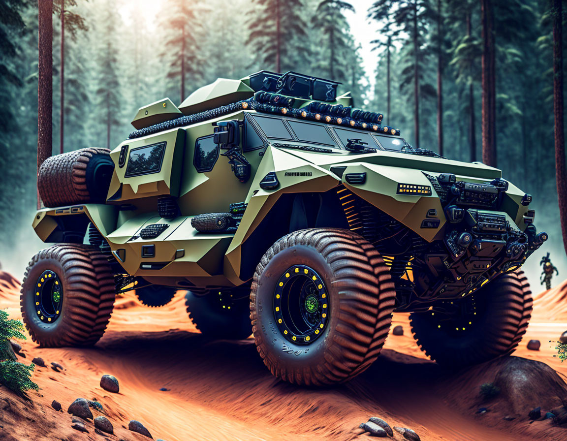 Futuristic military vehicle with robust tires in forested setting