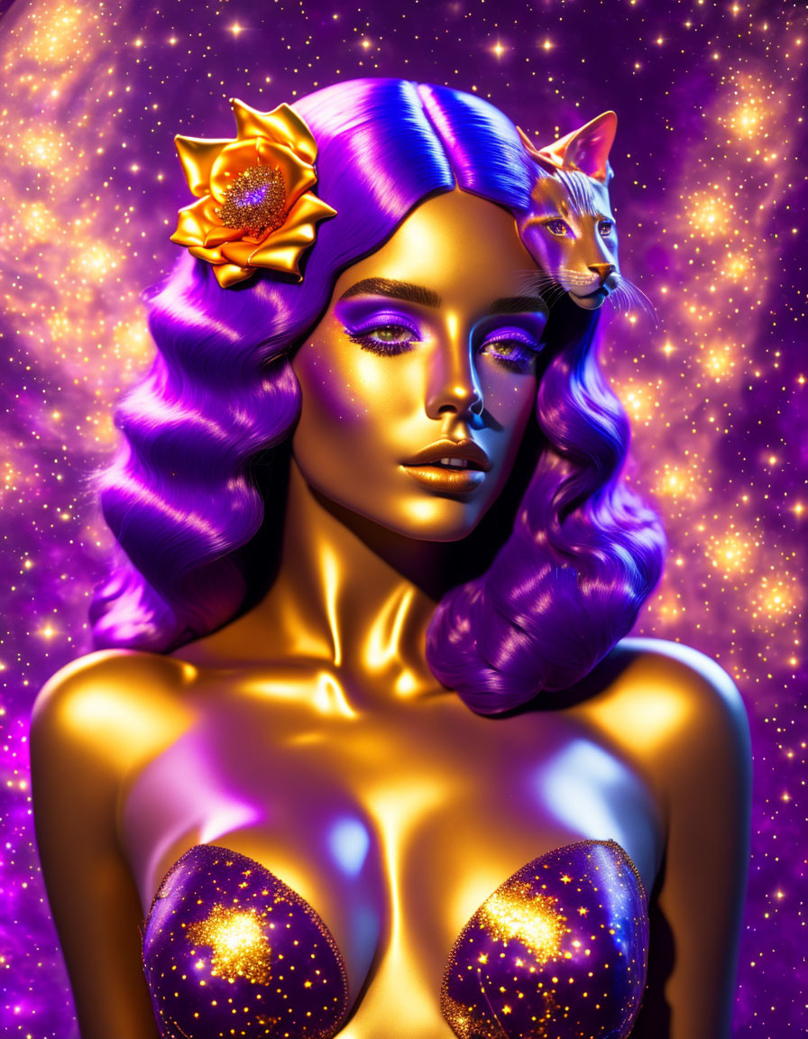 Digital art portrait of woman with purple hair and golden skin in starry setting with whimsical cat and