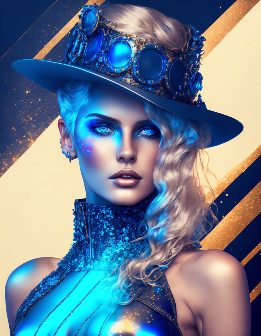 Digital artwork: Woman with blue makeup & hat with large lenses on gold & blue striped background