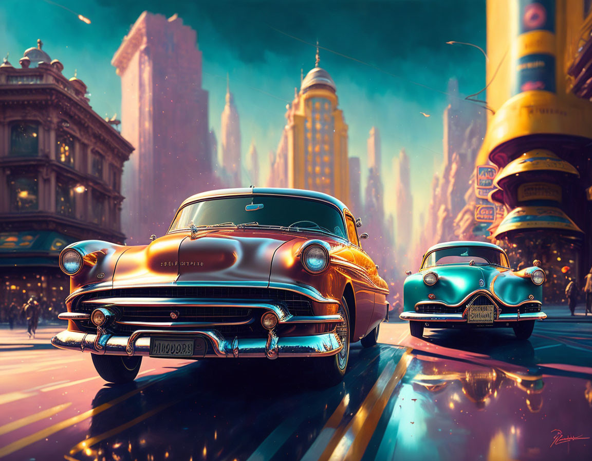 Futuristic cityscape at dusk with neon lights and vintage cars