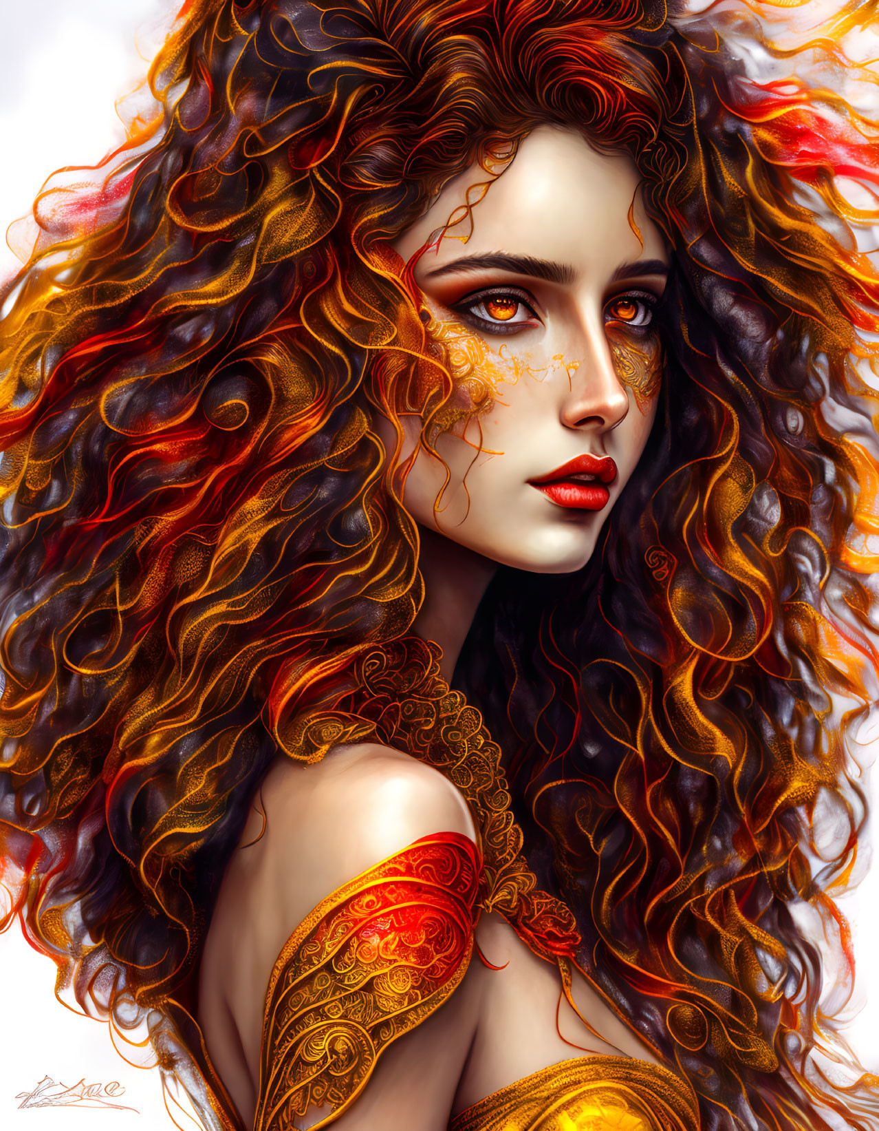 Digital artwork featuring woman with fiery red curls and gold adornments