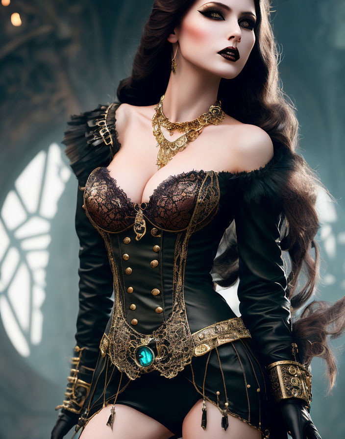 Gothic corset outfit with lace details and mystical accessory in front of arched window