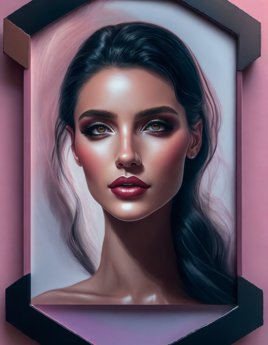 Digital portrait of woman with flowing hair and striking makeup on pink background.