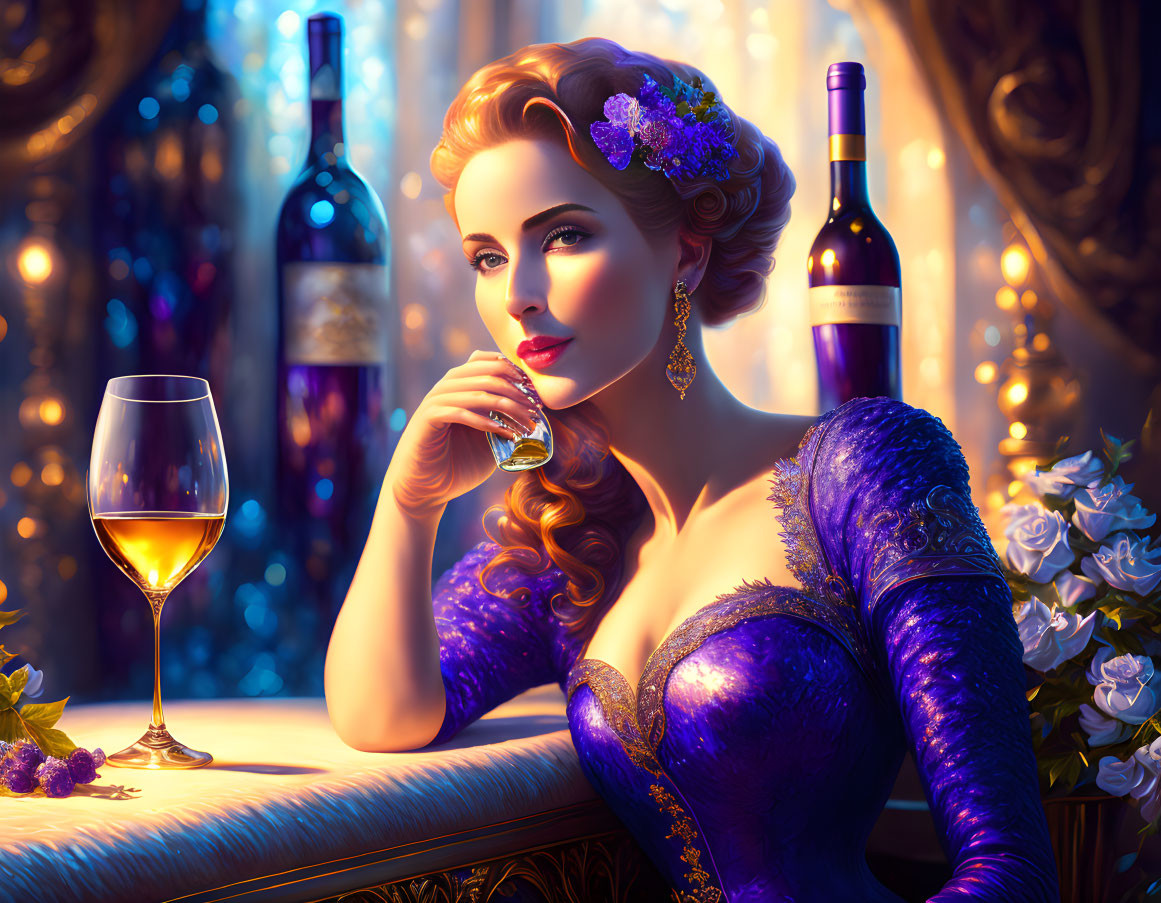 Sophisticated woman in blue gown with wine, surrounded by bottles and flowers