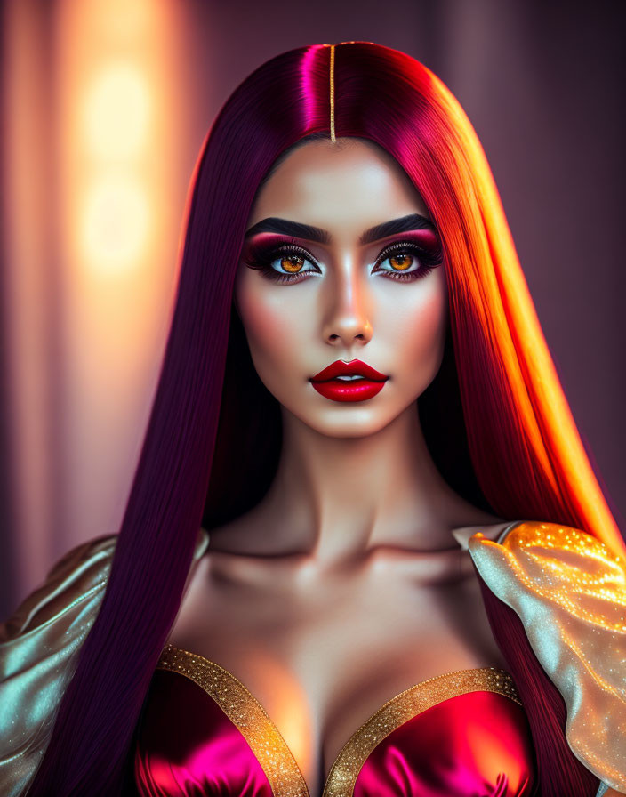 Vibrant red and yellow hair woman portrait with striking makeup