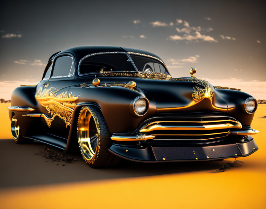 Black Classic Car with Gold Detailing in Sandy Sunset Scene