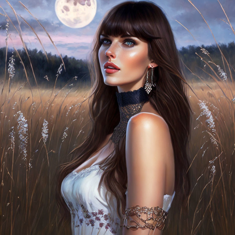 Digital painting of woman with brown hair in white dress in field at dusk