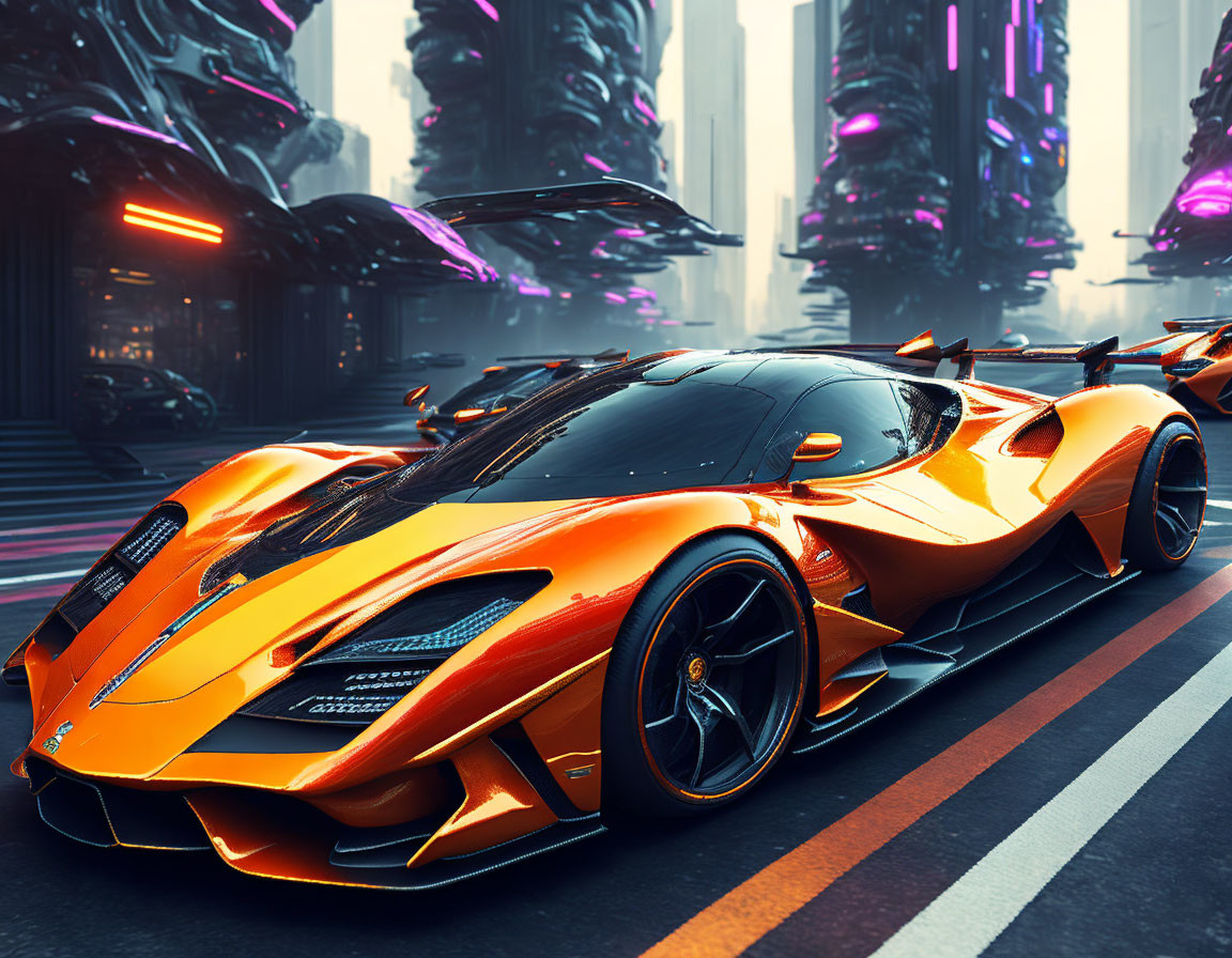 Orange Sports Car in Futuristic City with Neon Skyscrapers