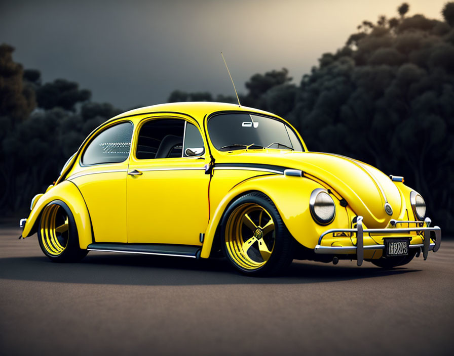 Vintage Yellow Volkswagen Beetle with Chrome Details Parked on Road at Dusky Sky