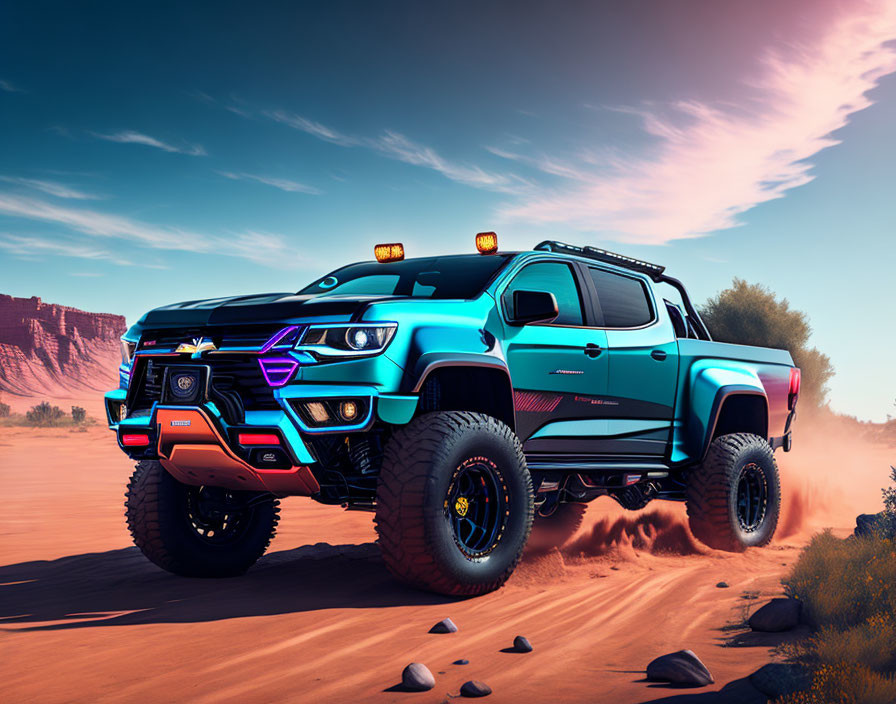 Modified Pickup Truck with Oversized Tires in Desert Landscape