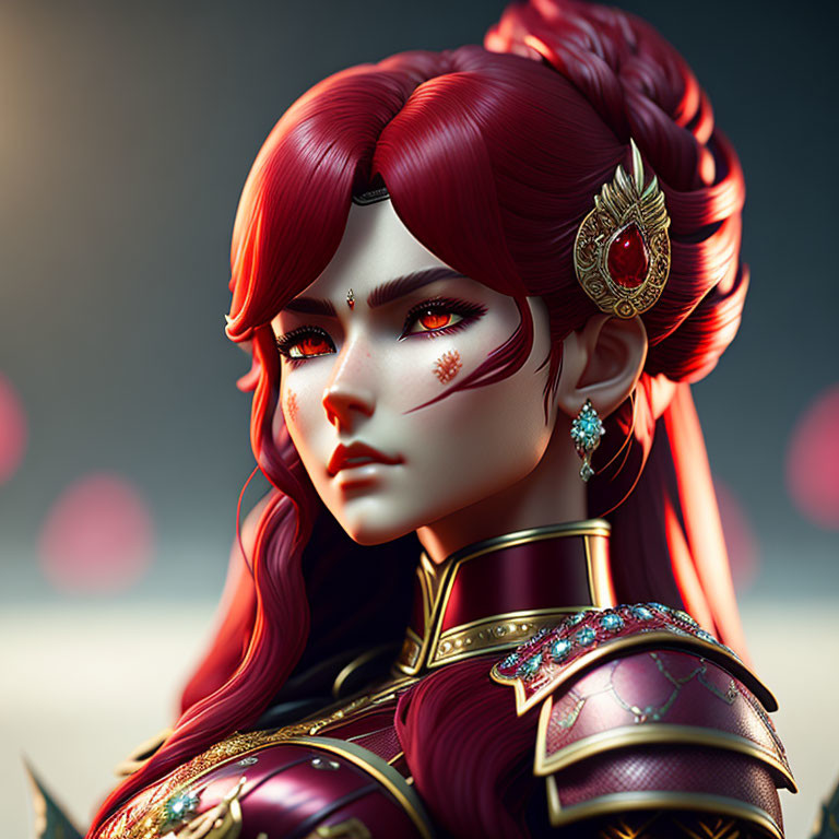 Detailed 3D rendering of female warrior with red hair and elaborate gold earrings