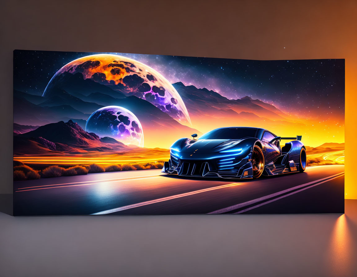 Futuristic sports car on desert road under night sky with two moons