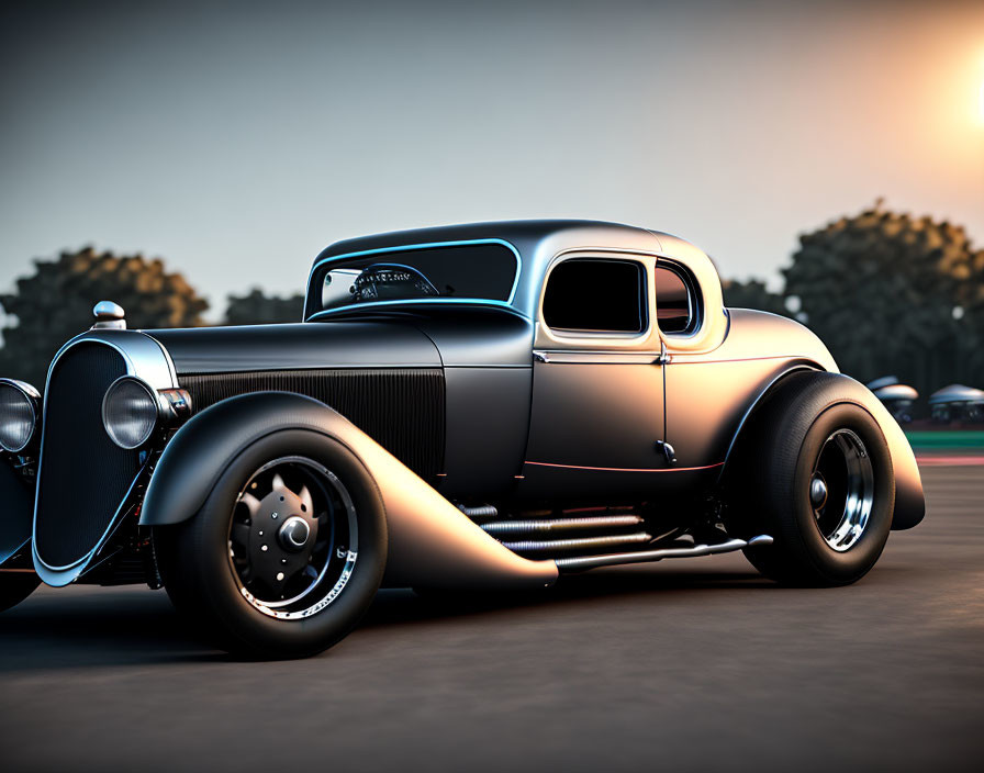 Customized Black Coupe Hot Rod with Large Rear Tires on Asphalt Lot at Sunset