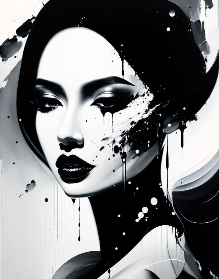 Abstract monochrome portrait of a woman with exaggerated features and paint drips