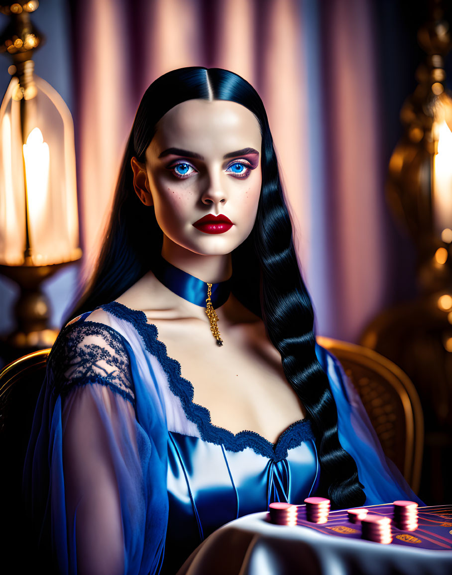 Pale-skinned woman with dark hair in side braid, wearing blue lace dress at vintage table.