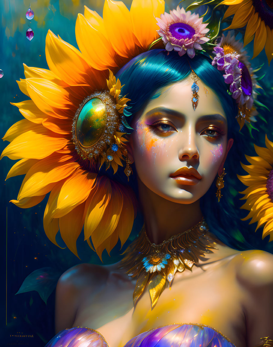 Colorful surreal portrait of a woman with sunflowers and mystical eye accent