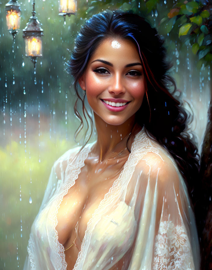 Smiling woman in lace garment with lanterns and rain.