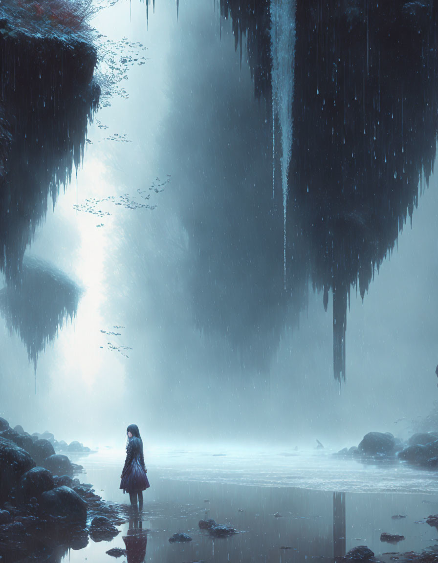 Solitary figure in icy cave under dim light reflecting on water