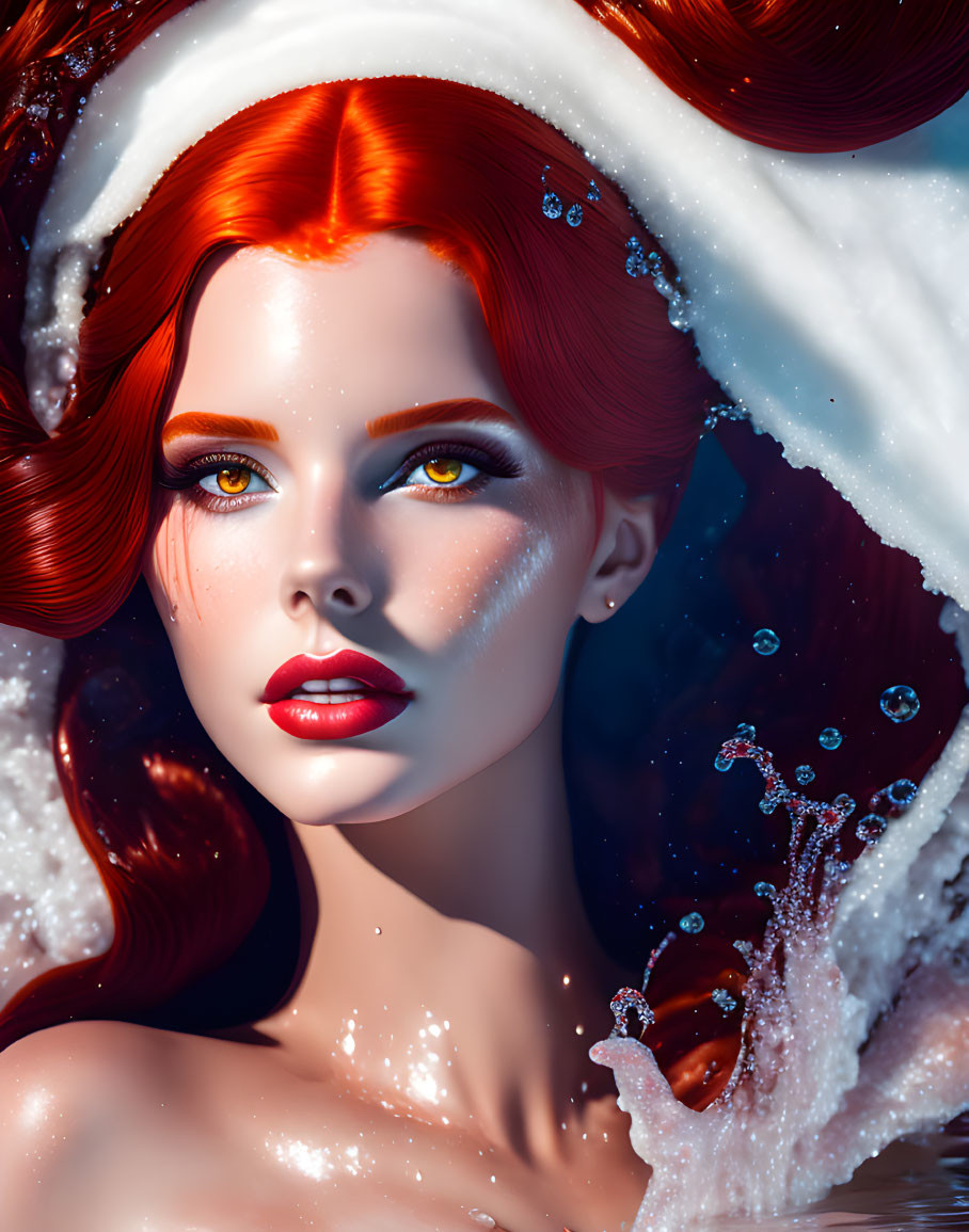 Digital artwork: Woman with red hair and yellow eyes in water with Santa hat hint