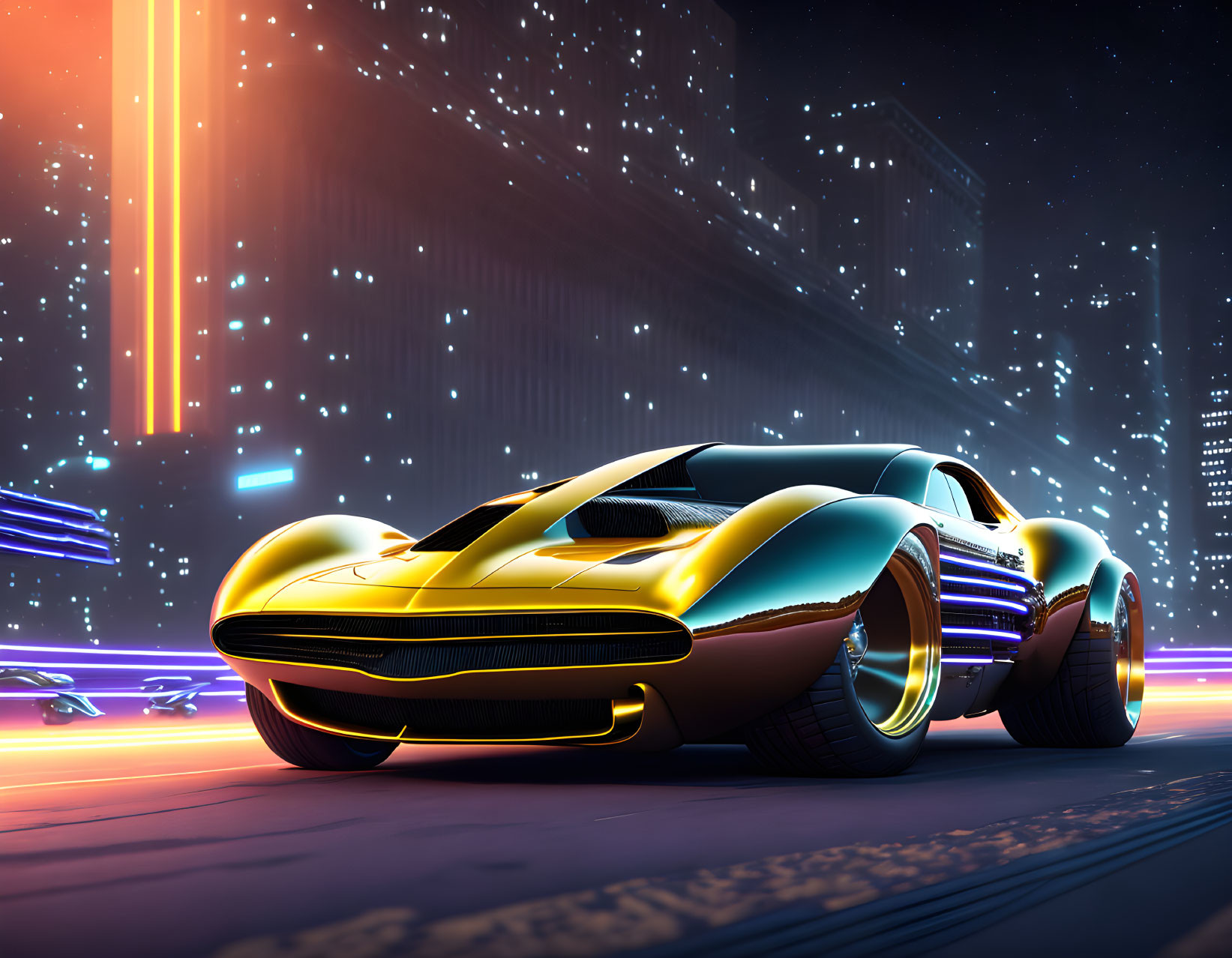 Sleek futuristic car with neon highlights in cyberpunk cityscape