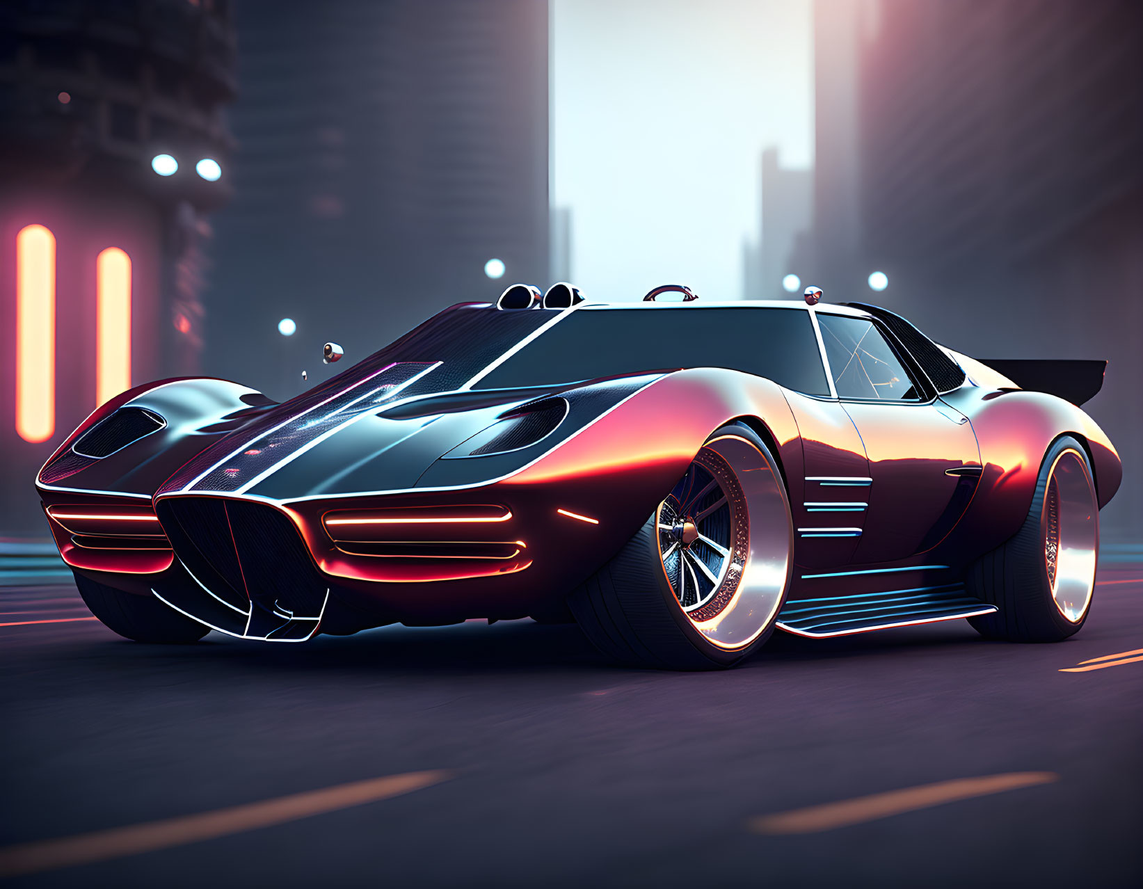 Futuristic sports car with aerodynamic design and neon accents in urban setting at dusk