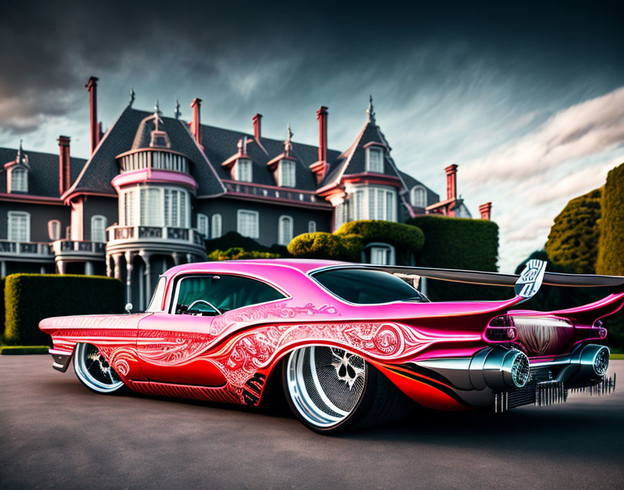 Vintage Car with Red and White Paint Parked in Front of Luxurious Mansion