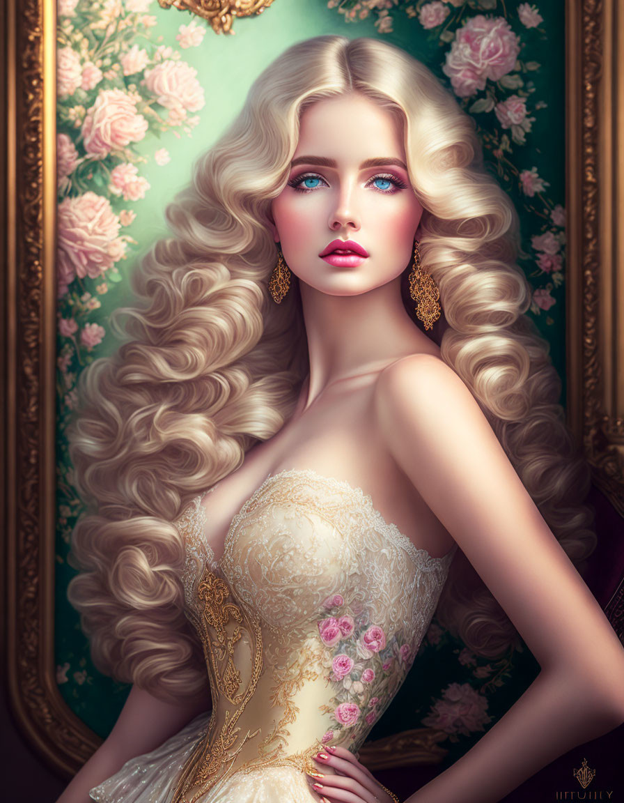 Blonde woman in golden dress with floral background